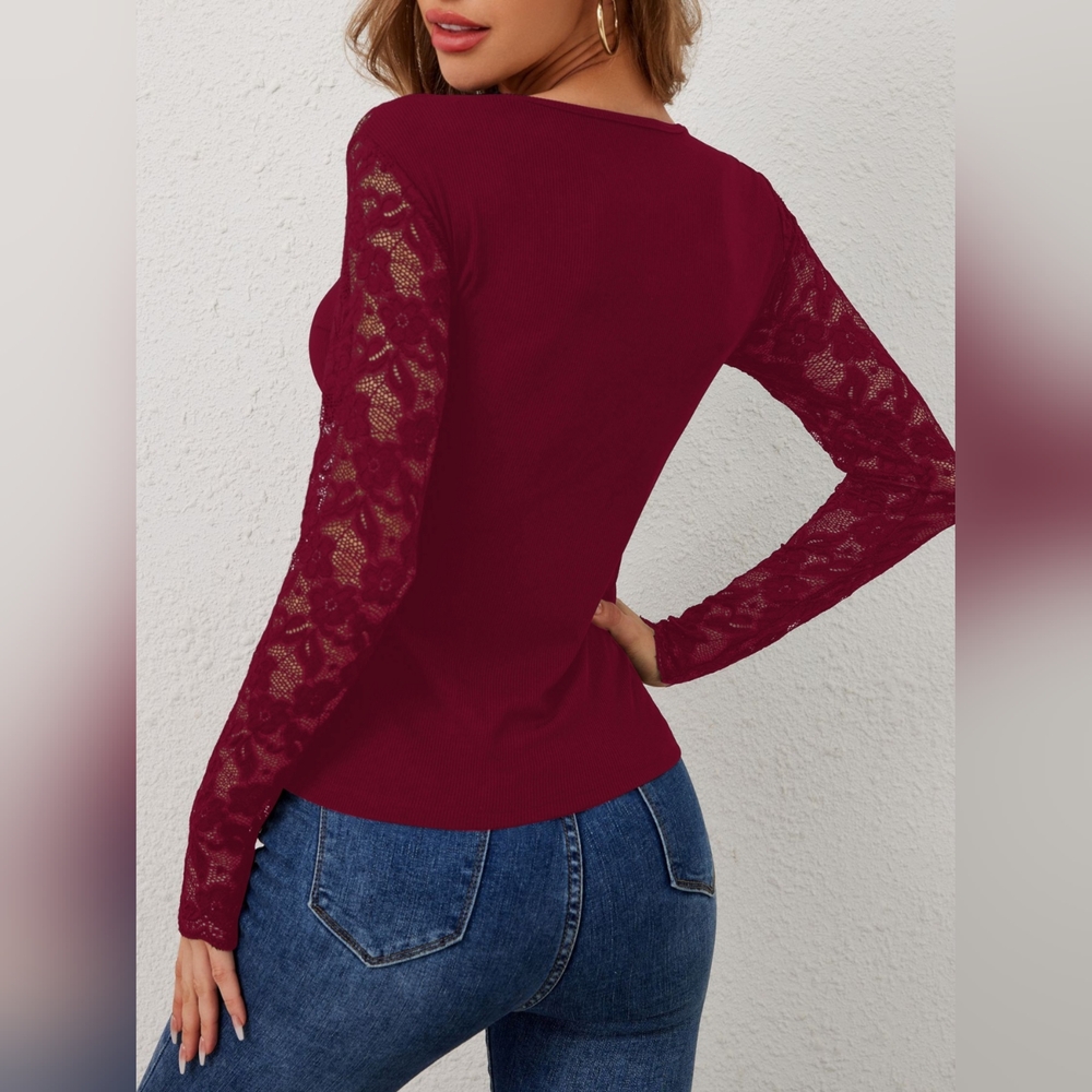 Lace Wavy Hem V-Neck Long Sleeve Burgundy Top - Picture 3 of 10